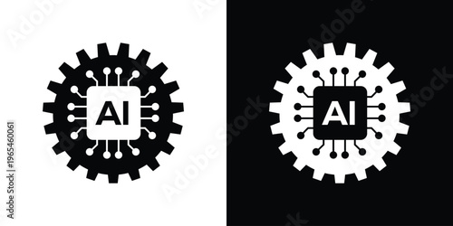 Bold vector icon featuring an AI processor inside a solid gear. Symbolizes the power of AI in automation, industrial processing, smart manufacturing, and technological evolution.