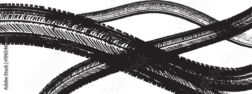Black tire tread marks forming intersecting wavy lines on a white background