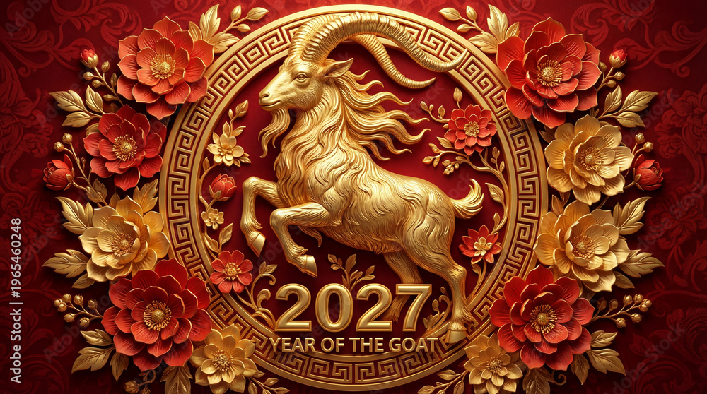 Obraz premium Prosperity and luck symbol 2027 Year of the Goat with golden Chinese Elements 