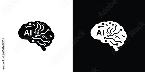 Black and white artificial intelligence circuit board brain symbols