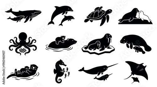 Ocean and Marine Animal Mother and Baby Silhouette Icon Set Depicting Aquatic Parental Bonding and Nurturing