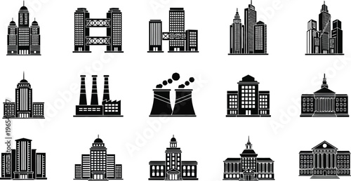 Detailed collection of black and white building icons representing various architectural styles and city structures on a white background