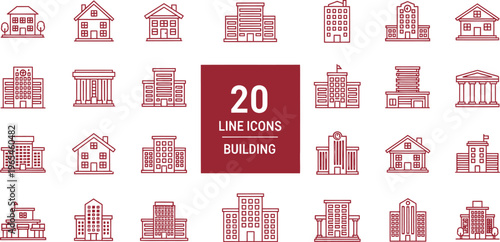 Comprehensive set of 20 minimalist line icons depicting various buildings and architectural structures, presented in a clean, modern style.