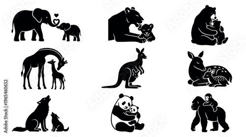 Wild Animal Mother and Baby Silhouette Set Celebrating Maternal Bonding Care and Nurturing Instinct Across Species
