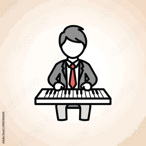 An illustration depicts a person playing a keyboard. They are wearing a suit and red tie.  A light background surrounds the figure