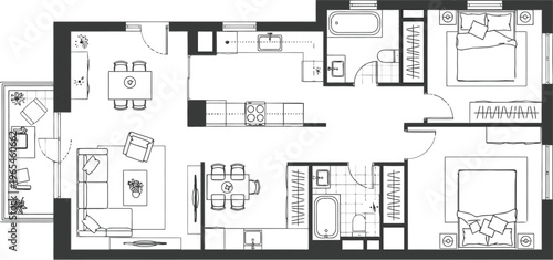 Detailed black and white architectural floor plan showcasing a modern apartment layout with multiple rooms and furniture.