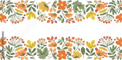 Vibrant floral border with orange yellow and green flowers