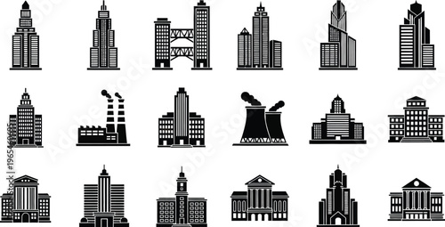 Diverse collection of black and white vector building icons, showcasing various architectural styles and urban structures.