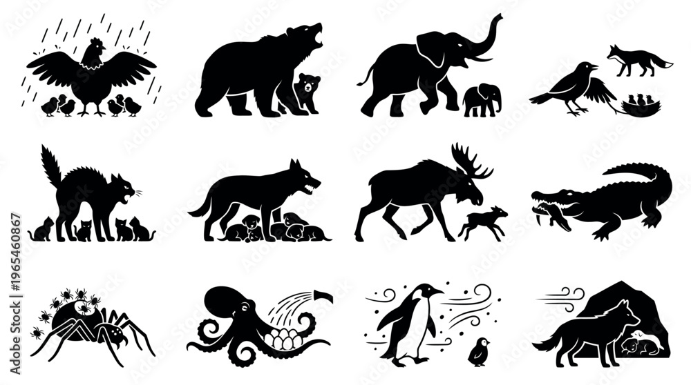 Obraz premium Collection of animal silhouettes representing parental care and protective instincts in nature for educational biology and wildlife conservation materials