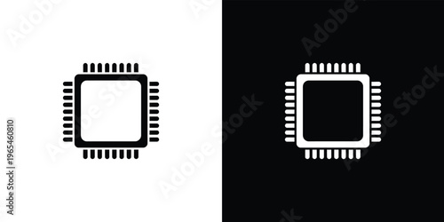 Black and white computer chip on split background microchip processor symbol