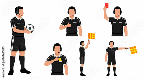 Professional Soccer Referee Illustrations in Different Poses and Actions Set