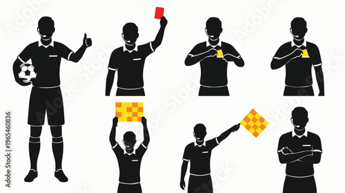 Set of professional football referee icons illustrating game rules and official decisions during a match