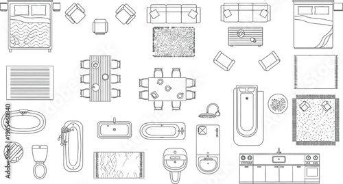 Comprehensive top view architectural symbols of diverse household furniture and fixtures for detailed interior design floor plans.