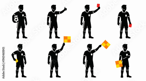 Dynamic Soccer Referee Silhouette Icons Showing Game Signals and Cards