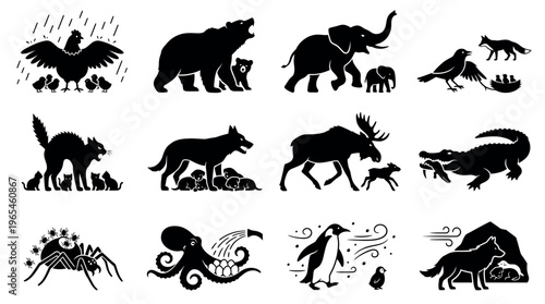 Animal Maternal Protection and Defense Silhouette Icon Set Showing Fierce Parental Instinct Across Wildlife Species