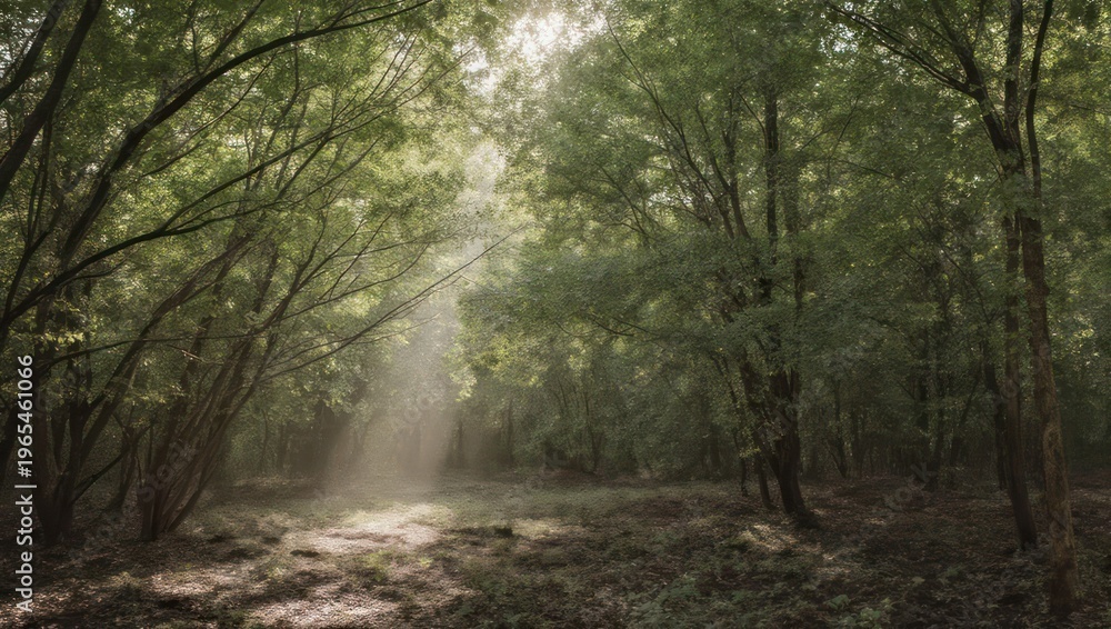 Obraz premium Sunbeams pierce through a vibrant forest canopy, creating a luminous and tranquil scene