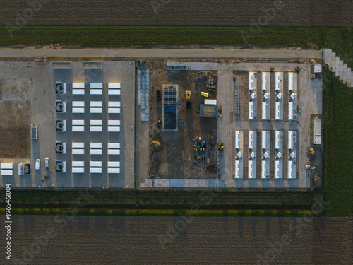 Aerial view of energy storage facility construction developing battery units netherlands
