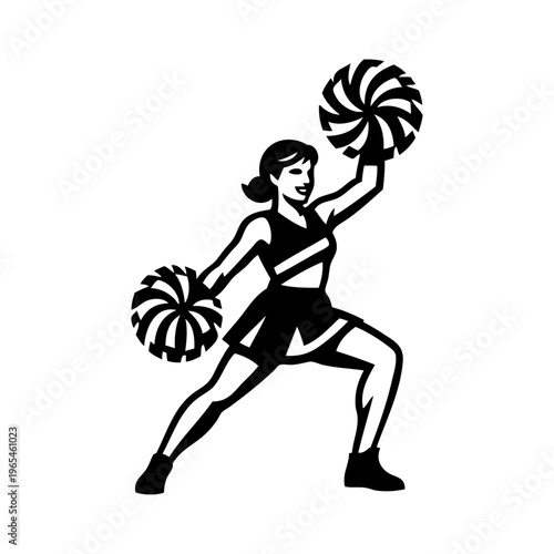 Logotipo con dibujo minimalista de una cheerleader con uniforme con vestido y pompones, para temas deportivos