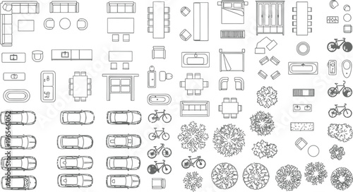 Comprehensive collection of top-down architectural floor plan symbols featuring furniture, vehicles, and plants in a clean outline style