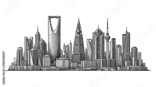 A detailed black and white illustration of a modern city skyline featuring numerous skyscrapers of varying heights and architectural styles.