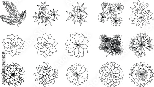 Diverse collection of top view black and white line art vector illustrations featuring various plants and flowers for landscape design projects.