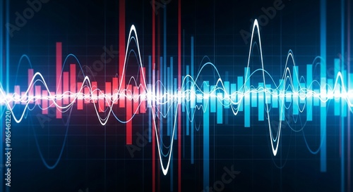 Vibrant sound wave pattern with colorful bars on a dark background