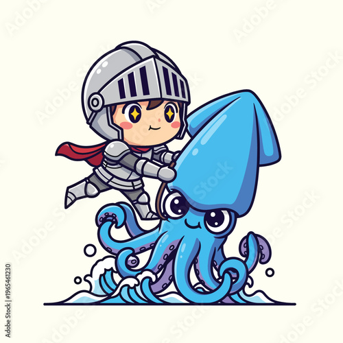 An illustration depicts a knight on an aquatic mount, resembling a giant squid, with water waves beneath them. The scene is brightly colored