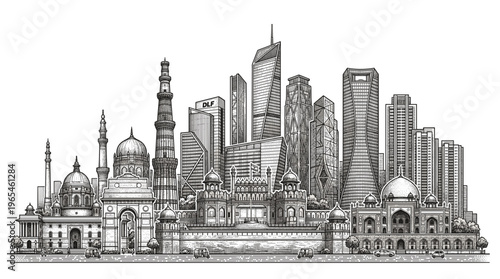 A detailed black and white illustration of a cityscape blending traditional Islamic architecture with modern skyscrapers.
