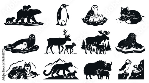 Arctic and Cold Climate Animal Mother and Baby Silhouette Icon Set Showing Polar Parental Care and Wildlife Bonding