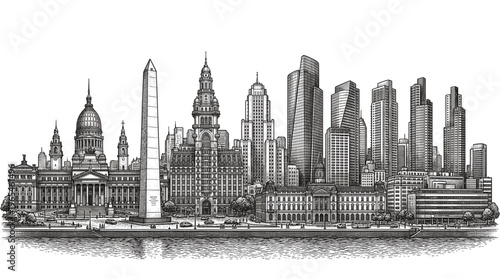A detailed pen-and-ink drawing of the Buenos Aires skyline, showcasing iconic landmarks and modern skyscrapers.