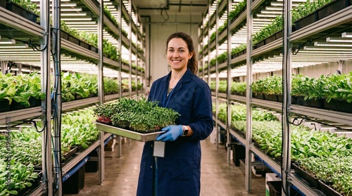 Female scientist holding microgreens tray in modern indoor vertical farm