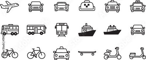 Collection of diverse transportation mode vector icons featuring airplane car bus train taxi boat bicycle skateboard and scooter designs for mobility concepts