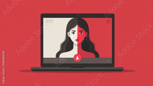 A cartoon woman with a split personality on a laptop screen for deepfake concept
