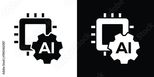 Minimalist graphic of an AI processor integrated with a mechanical gear. Symbolizes the fusion of artificial intelligence with industrial automation, engineering, and smart machinery systems.