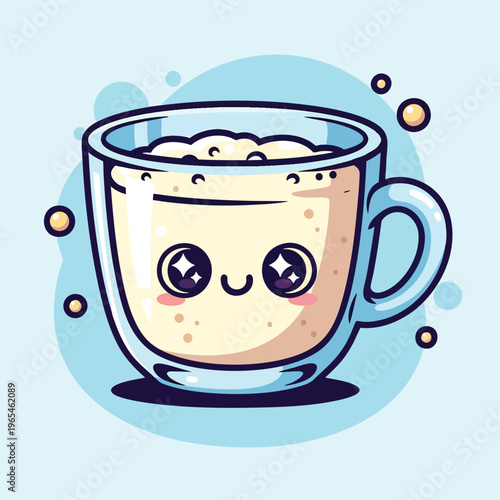 An adorable, stylized illustration featuring a glass mug with a cheerful face, filled with a creamy beverage, and set against a light blue backdrop