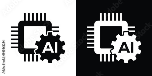 Minimalist graphic of an AI processor integrated with a mechanical gear. Symbolizes the fusion of artificial intelligence with industrial automation, engineering, and smart machinery systems.