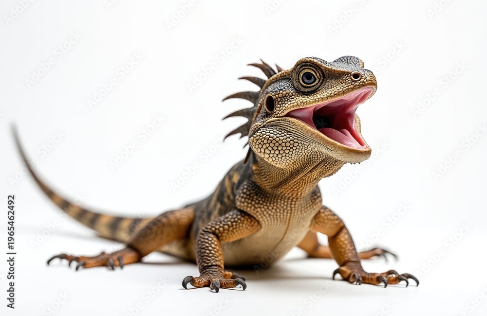 Fototapeta premium Frilled lizard with open mouth, spiky crest, displaying skin texture, coloring. Small reptile sits on white background, showing detailed body, sharp claws. Creature looks intimidating yet intriguing.