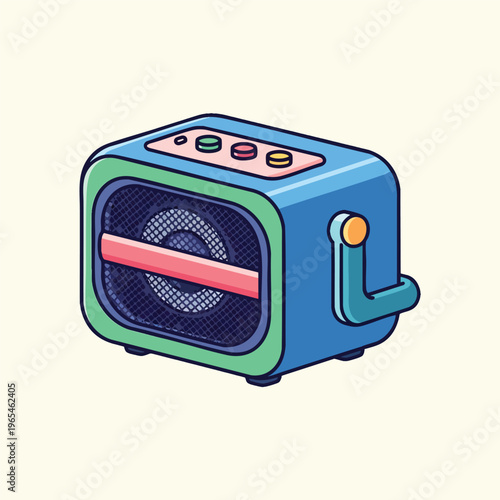 An illustration of a stylized, boxy portable speaker. It has multiple buttons, a handle and a grille. It's rendered in flat, vibrant colors