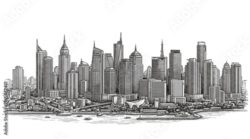 A detailed black and white pen and ink drawing of a sprawling cityscape with numerous skyscrapers of varying heights and architectural styles, set against a waterfront with boats.