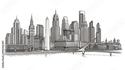 A detailed black and white sketch of a modern city skyline with numerous skyscrapers and a prominent obelisk, viewed across a body of water with a bridge in the foreground.