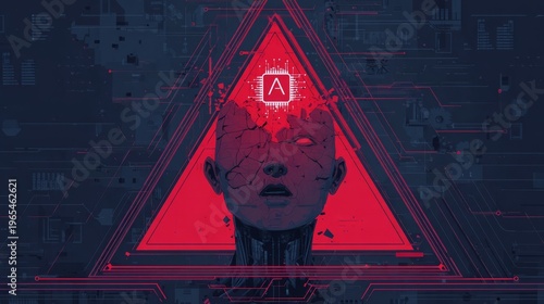 A futuristic illustration of a human head with a red triangle and a glowing symbol