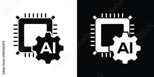 Minimalist graphic of an AI processor integrated with a mechanical gear. Symbolizes the fusion of artificial intelligence with industrial automation, engineering, and smart machinery systems.