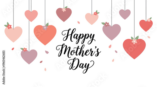Happy Mother's Day Festive Greeting Card with Hanging Floral Hearts for Seasonal Celebration Decoration and Gifting