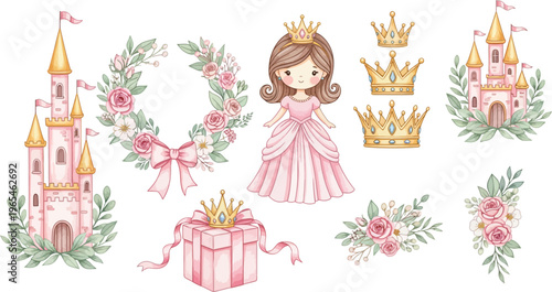 Cartoon princess with pink dress and crown surrounded by castle decorations