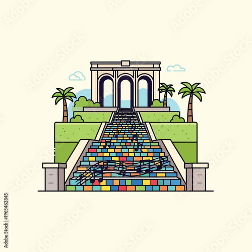 An illustration depicting a colorful staircase leading to an archway, flanked by palm trees and greenery. Musical notes float down the steps