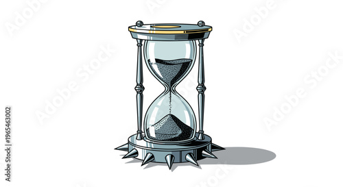 Decorative hourglass showing running out of time in elegant illustration style representing deadline pressure, measurement, limitation, danger with spikes design elements for time.