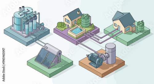 Home Water Treatment and Solar Heating System Diagram Illustrates Sustainable Living, Incorporating Filtration, Purification, Hot Water, and Renewable Energy for Clean Resources.