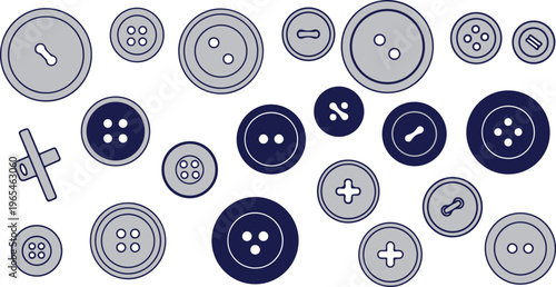 Minimalist sewing buttons vector set, navy blue and grey garment fasteners, flat clothing accessories collection for fashion design