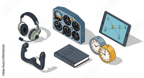 Aviation Tools and Instruments: Essential flight equipment including a control yoke, headset, flight instrument panel, clocks, flight book, and tablet for flight planning and navig.