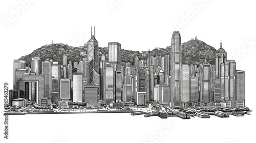 A detailed black and white illustration of the Hong Kong skyline, showcasing its dense collection of skyscrapers against a mountainous backdrop.